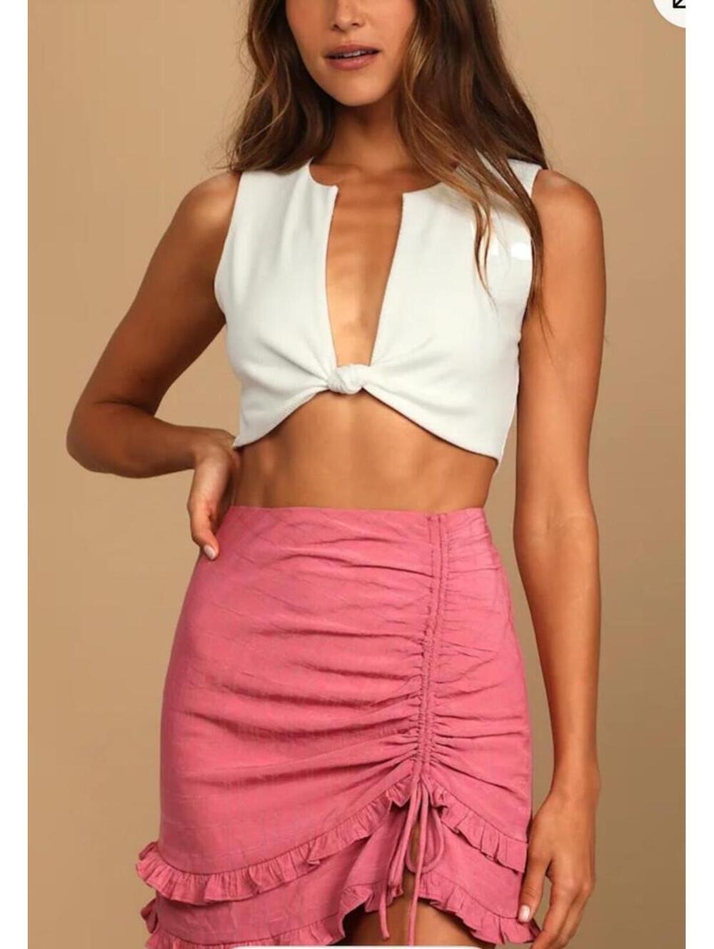 NWT Lulus Deluxe Details Pink Drawstring Ruched Skirt y2k girly L